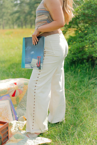 Cream Studded Wide Leg Jeans