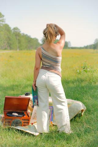 Cream Studded Wide Leg Jeans