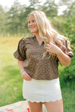 Brown Polka Dot Puff Sleeve Blouse