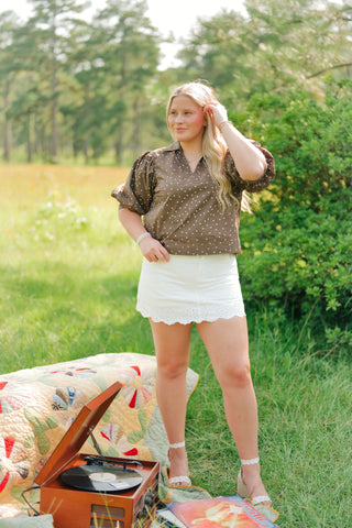 Brown Polka Dot Puff Sleeve Blouse