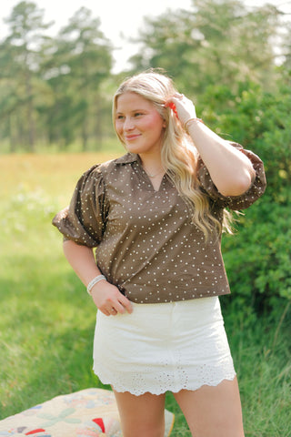 Brown Polka Dot Puff Sleeve Blouse