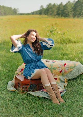 Denim Lace Trim Bell Sleeve Dress