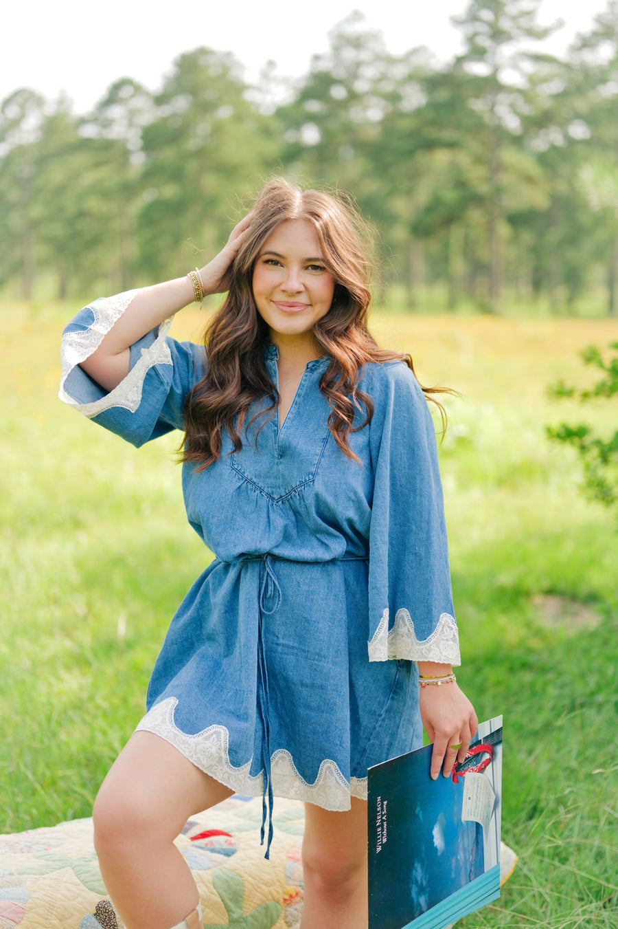 Denim Lace Trim Bell Sleeve Dress
