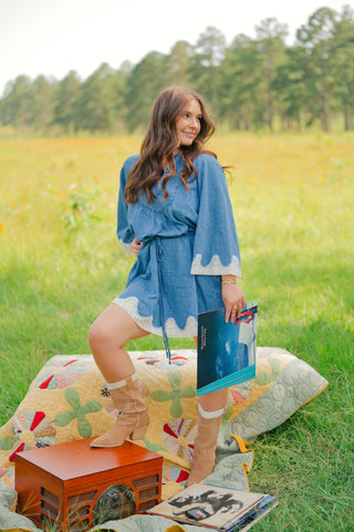 Denim Lace Trim Bell Sleeve Dress