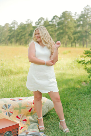 White Linen Scallop Hem Mini Dress