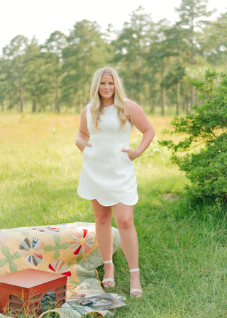 White Linen Scallop Hem Mini Dress