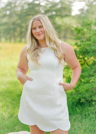 White Linen Scallop Hem Mini Dress