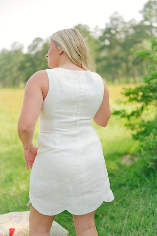 White Linen Scallop Hem Mini Dress