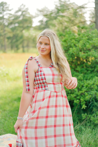 Red Plaid Shoulder Tie Maxi Dress
