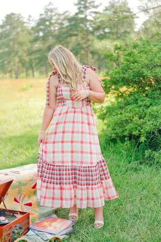Red Plaid Shoulder Tie Maxi Dress