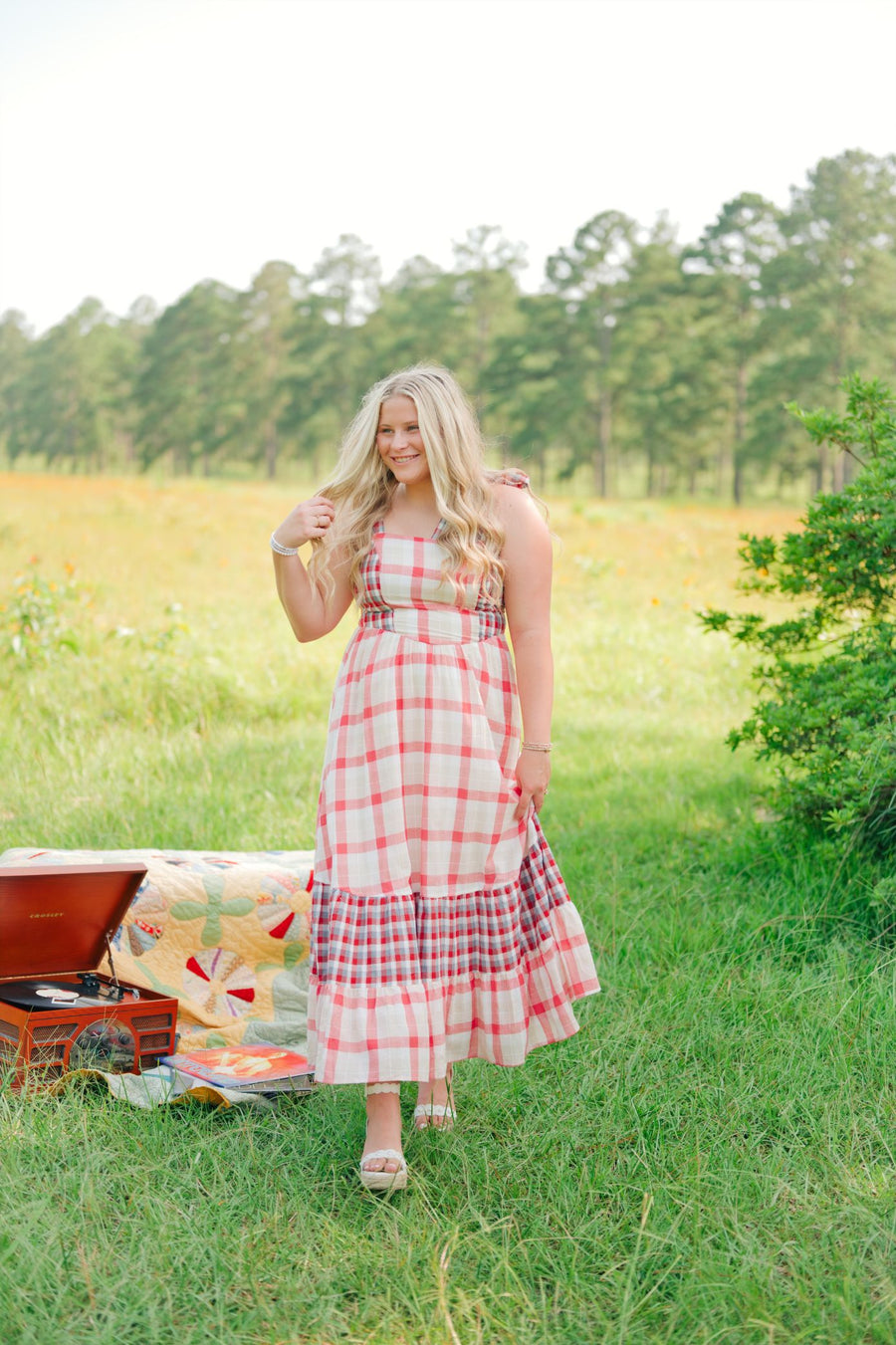 Red Plaid Shoulder Tie Maxi Dress