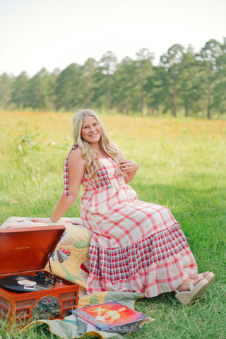 Red Plaid Shoulder Tie Maxi Dress