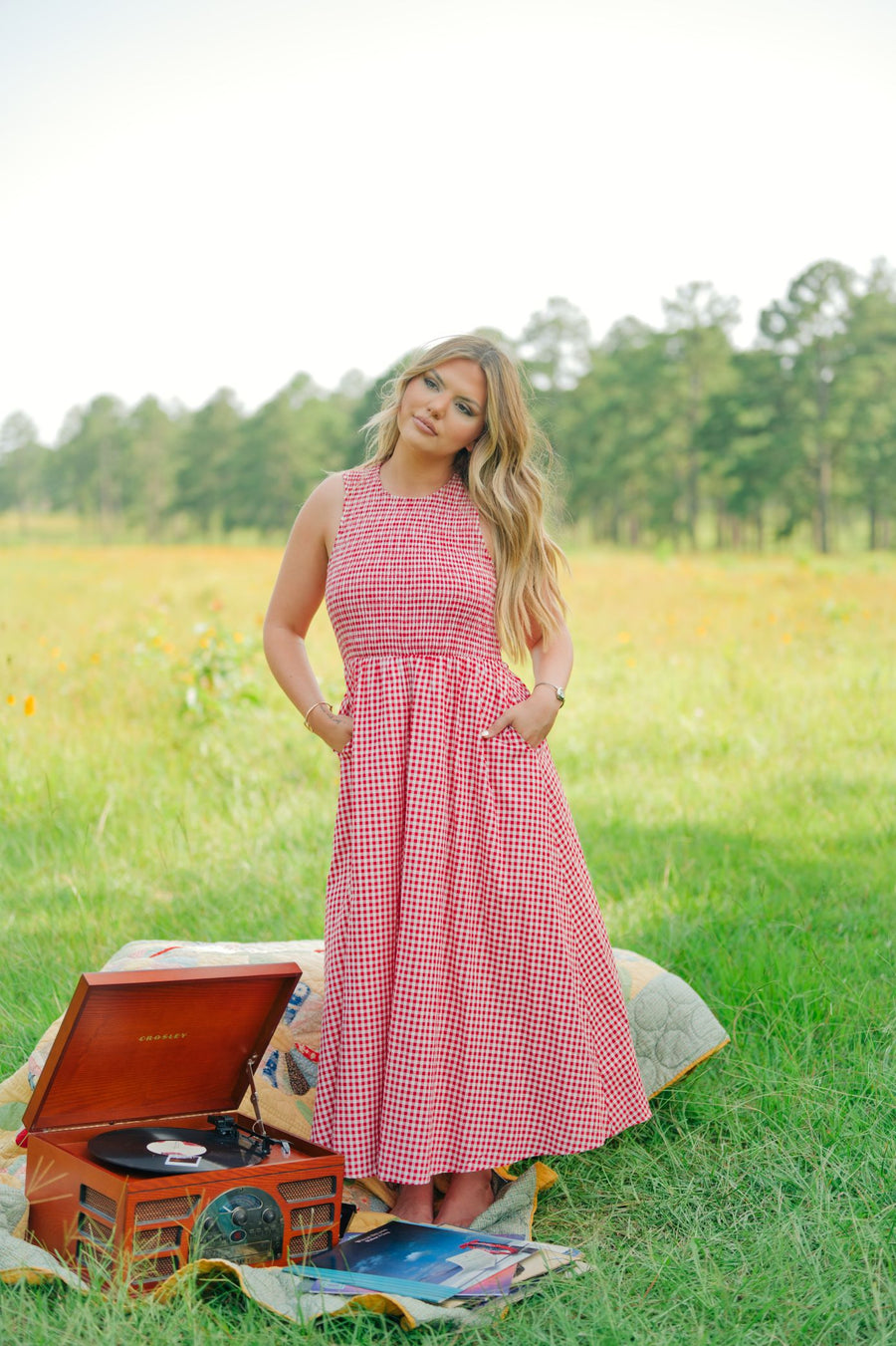 Red Gingham Open Back Maxi Dress