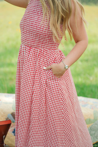 Red Gingham Open Back Maxi Dress