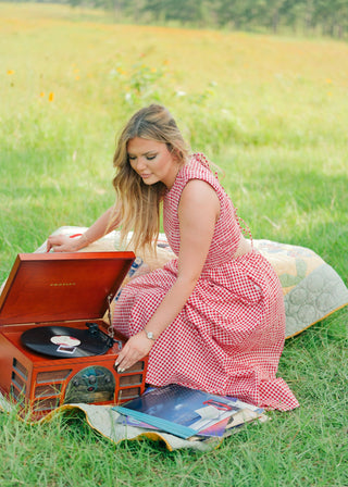 Red Gingham Open Back Maxi Dress