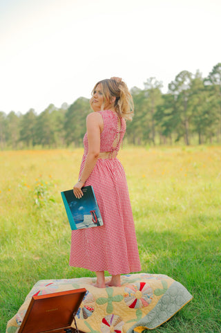 Red Gingham Open Back Maxi Dress