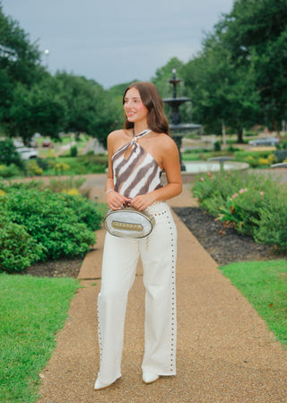 Cream Studded Wide Leg Jeans