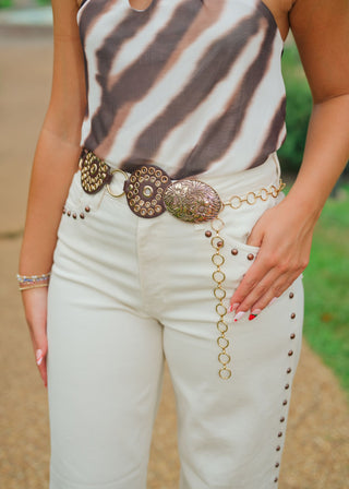 Brown Leather Gold Studded Chain Belt