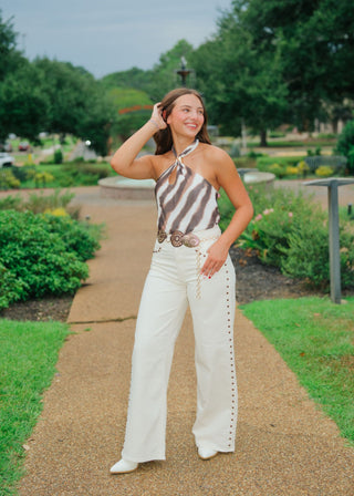 Cream Studded Wide Leg Jeans