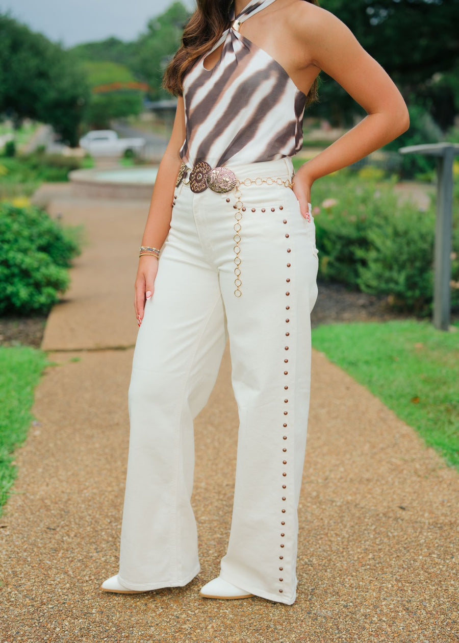 Cream Studded Wide Leg Jeans