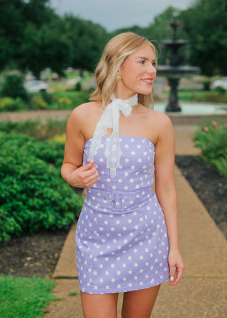 Purple Polka Dot Belted Strapless Dress