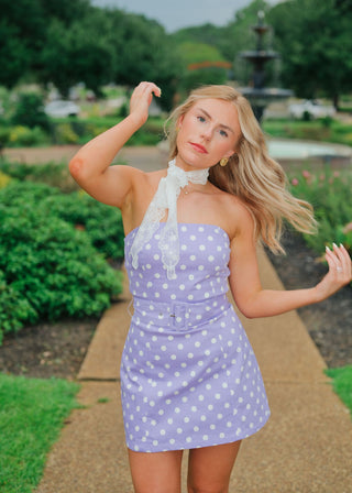 Purple Polka Dot Belted Strapless Dress