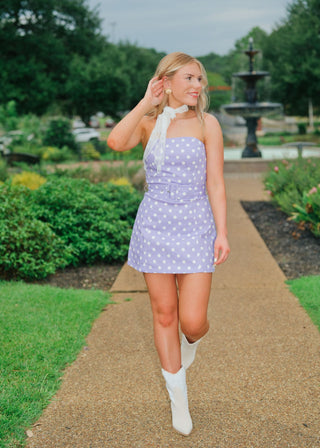 Purple Polka Dot Belted Strapless Dress