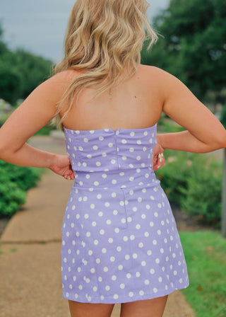 Purple Polka Dot Belted Strapless Dress