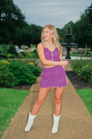 Purple & Gold Trim Scallop Hem Mini Skirt Set
