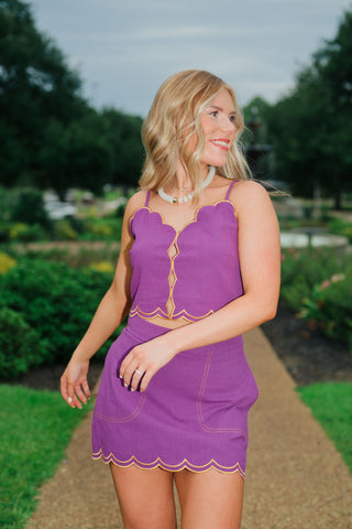 Purple & Gold Trim Scallop Hem Mini Skirt Set