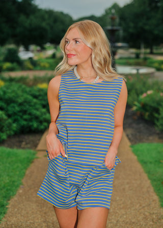 Purple & Yellow Striped Sleeveless Short Set