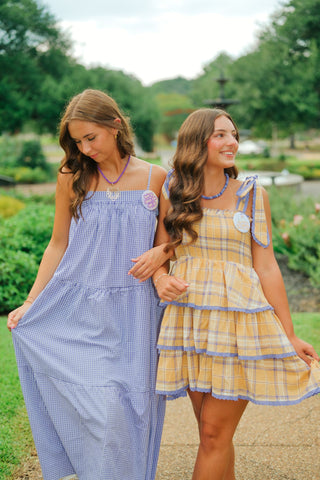 Yellow Plaid Shoulder Tie Ruffle Dress