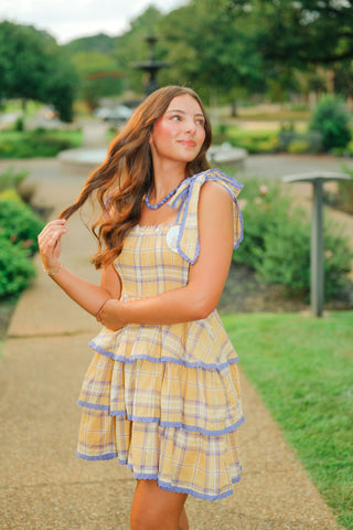 Yellow Plaid Shoulder Tie Ruffle Dress