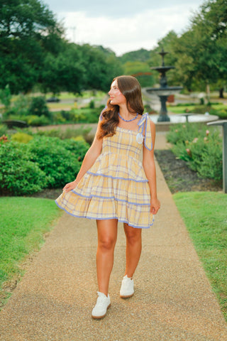 Yellow Plaid Shoulder Tie Ruffle Dress