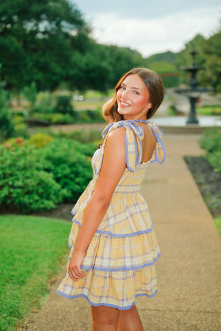 Yellow Plaid Shoulder Tie Ruffle Dress