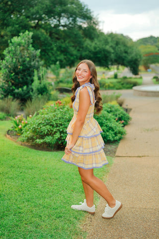 Yellow Plaid Shoulder Tie Ruffle Dress