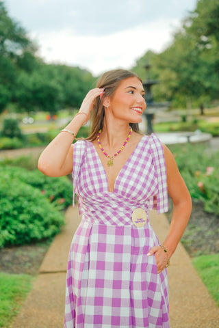 Purple Checkered Shoulder Tie Dress