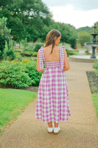 Purple Checkered Shoulder Tie Dress