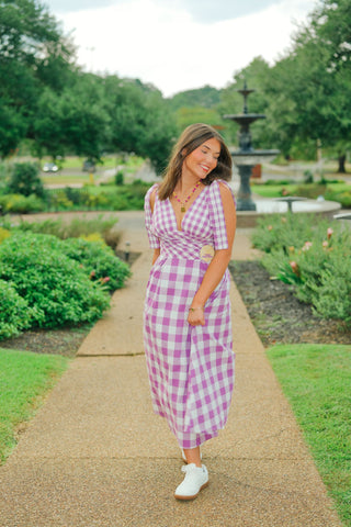 Purple Checkered Shoulder Tie Dress