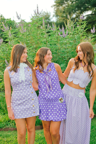 Purple Polka Scallop Button Romper