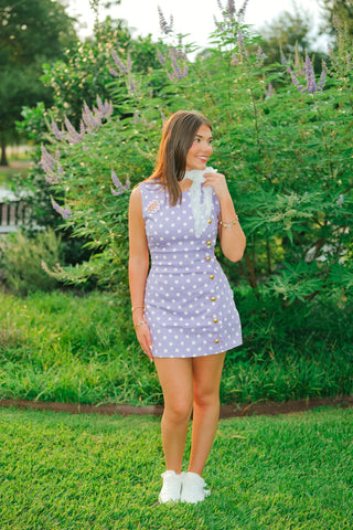 Purple Polka Scallop Button Romper