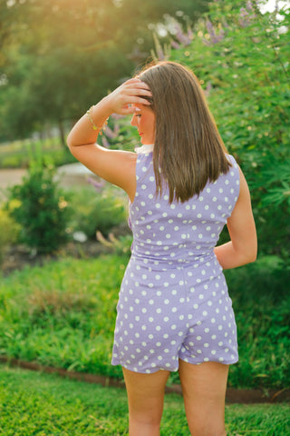 Purple Polka Scallop Button Romper