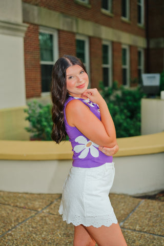 Purple Flower Cutout Sleeveless Top