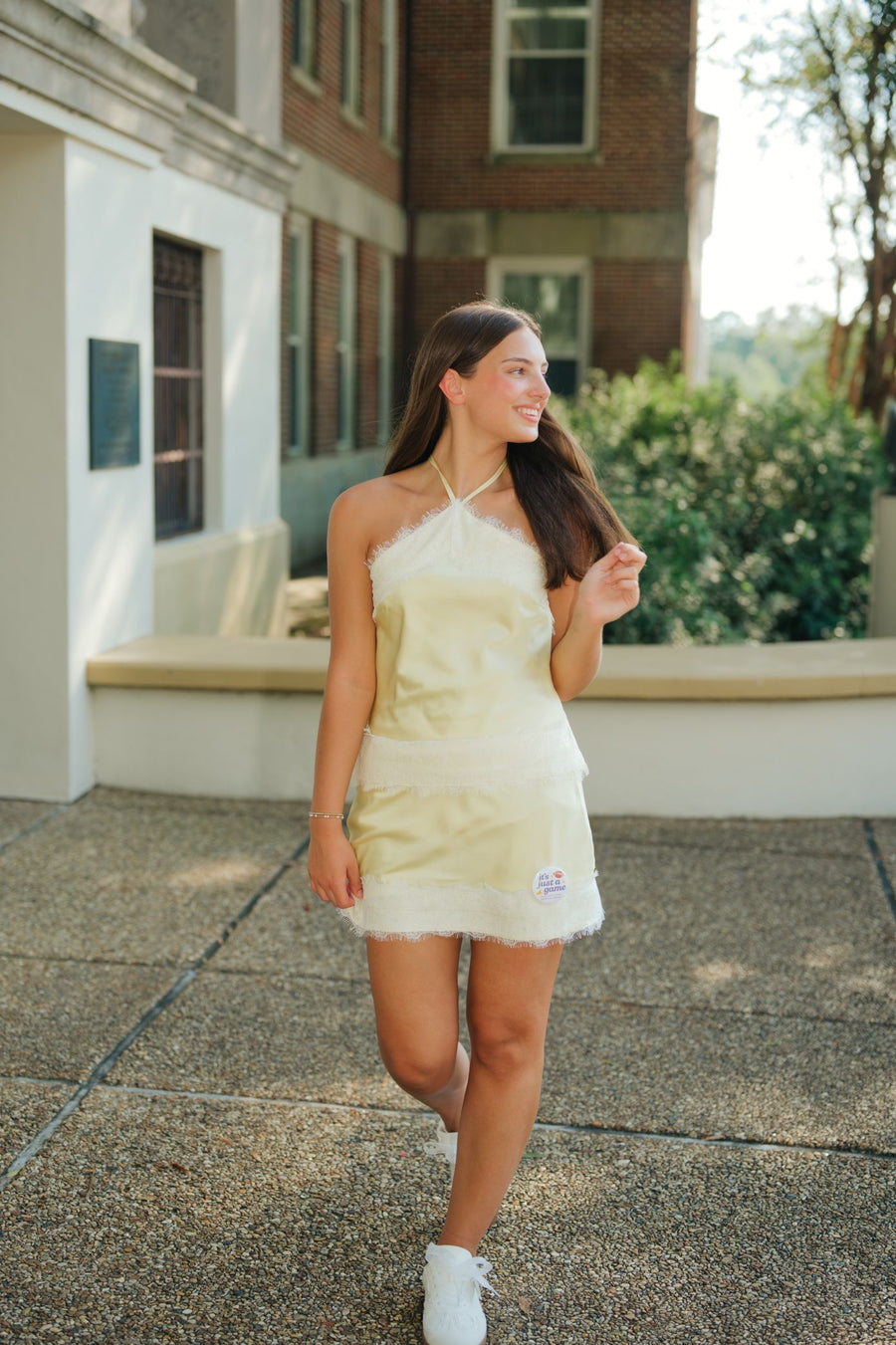 Yellow Satin Lace Trim Skort Set
