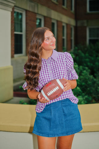 Purple Gingham Puff Sleeve Blouse