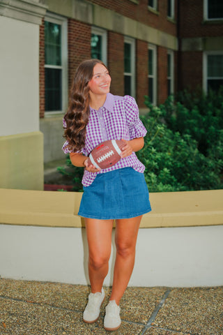 Purple Gingham Puff Sleeve Blouse