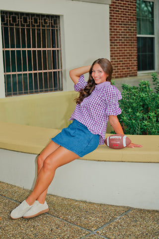 Purple Gingham Puff Sleeve Blouse