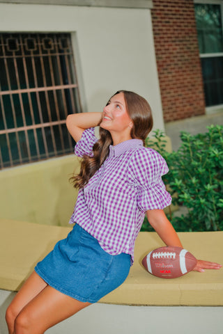 Purple Gingham Puff Sleeve Blouse