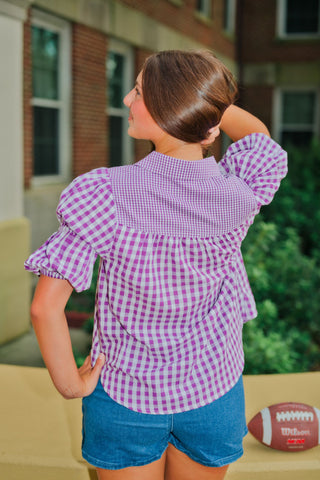 Purple Gingham Puff Sleeve Blouse
