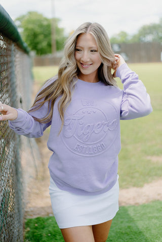 LSU Lavender Puff Letter Sweatshirt